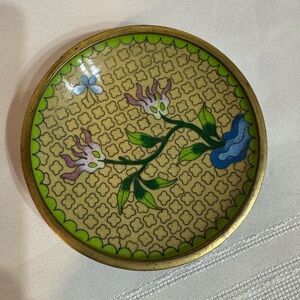 Vintage Chinese Floral Cloisonne Enamel Trinket Dish Green Blue